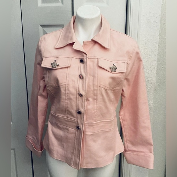 Mary Kay Barbie Pink Denim Jacket Rhinestone Hearts & Crown Cover Pins Size Sm - Picture 1 of 6